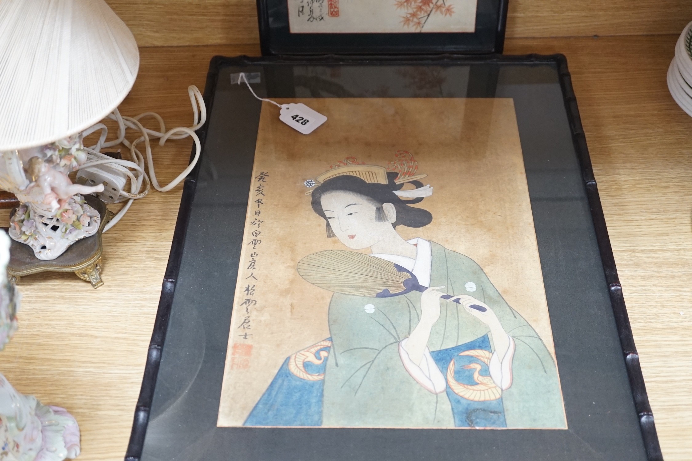 A pair of Japanese watercolours on silk and an painted print of a lady, largest 43x29cm